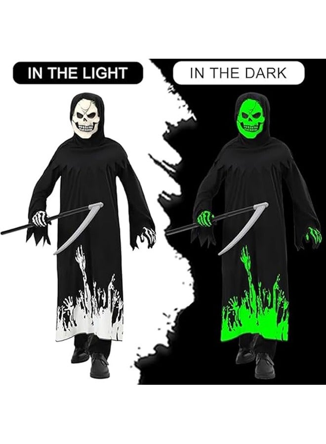 JCB CHIC زي الهالوين غريم ريبر، أزياء الهالوين المخيفة مع المنجل، رأس بقلنسوة للأطفال، فستان الحفلات التنكرية يتوهج في الظلام (XL) - Image 2