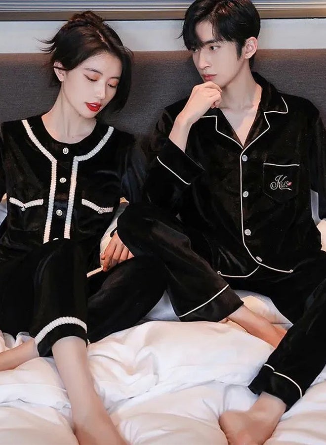 MARGOUN 2 Pack Couple Velour Pajamas Set Long Sleeve Leisure Suit Home Clothes Soft Sleepwear Nightclothes Black - Image 1