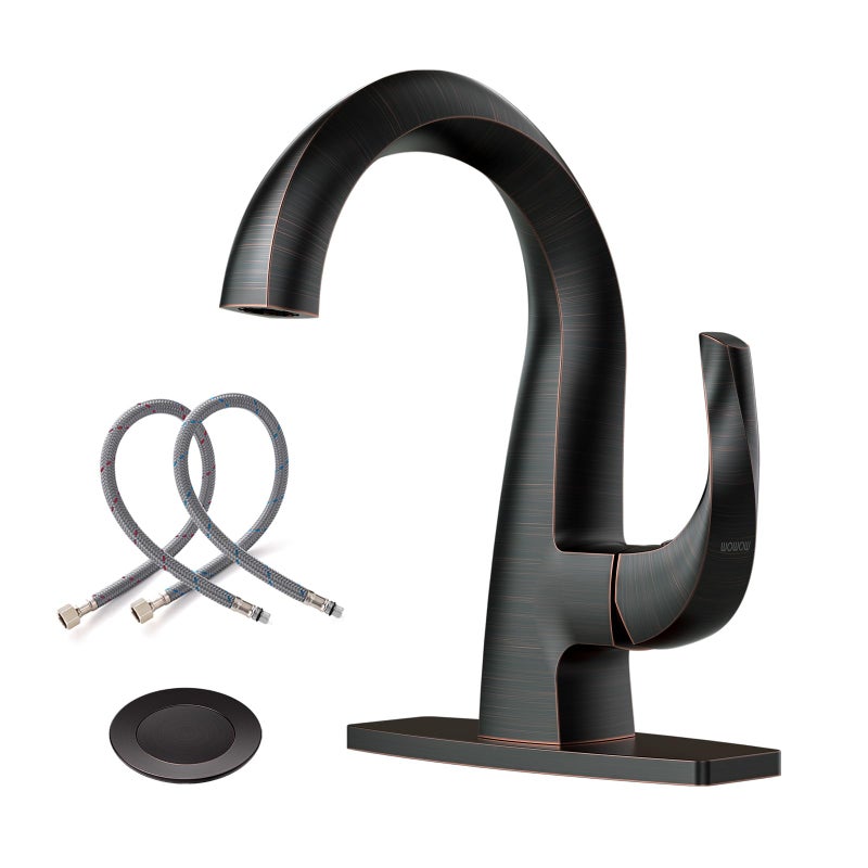 WOWOW Single Handle Bathroom Faucet 1 Hole High Arc Bathroom Basin Oiled Rubbed Bronze with Pop Up Drain Solid Brass Commercial Bathroom Sink Faucet Basin Vanity Bar Faucet Patented Product - Image 2