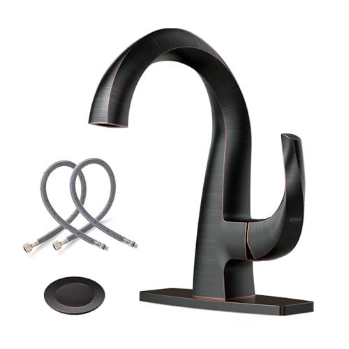 WOWOW Single Handle Bathroom Faucet 1 Hole High Arc Bathroom Basin Oiled Rubbed Bronze with Pop Up Drain Solid Brass Commercial Bathroom Sink Faucet Basin Vanity Bar Faucet Patented Product - Image 1