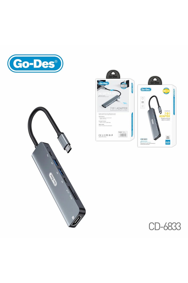 GO-DES 7-in-1 USB-C to HDTV Adapter 4K 60Hz Multiport Hub with USB-C USB-A SD/TF Slots PD 3.0 Fast Charging - Image 1