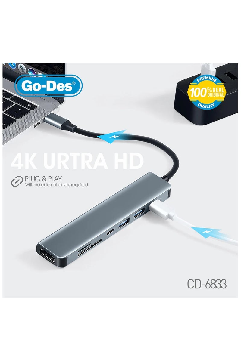 GO-DES 7-in-1 USB-C to HDTV Adapter 4K 60Hz Multiport Hub with USB-C USB-A SD/TF Slots PD 3.0 Fast Charging - Image 2