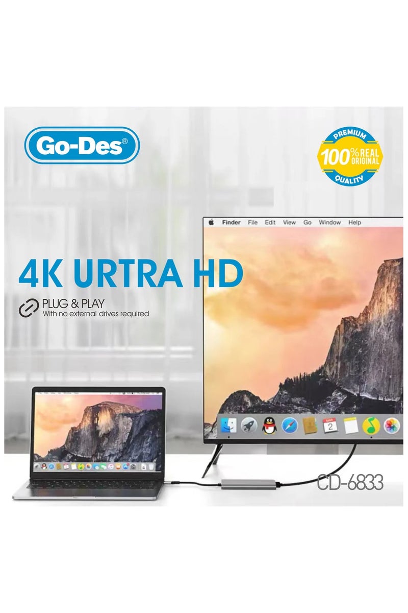 GO-DES 7-in-1 USB-C to HDTV Adapter 4K 60Hz Multiport Hub with USB-C USB-A SD/TF Slots PD 3.0 Fast Charging - Image 3
