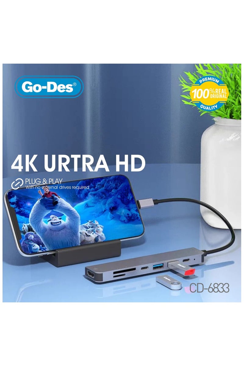 GO-DES 7-in-1 USB-C to HDTV Adapter 4K 60Hz Multiport Hub with USB-C USB-A SD/TF Slots PD 3.0 Fast Charging - Image 5