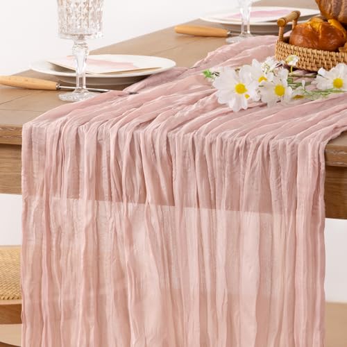 MLMC Pink Table Runner Boho Cheesecloth Table Runner 10ft Rustic Dusty Pink Gauze Cheese Cloth Centerpiece Decor 35x120 Inches for Wedding Bridal Baby Shower Birthday Party Decor - Image 1
