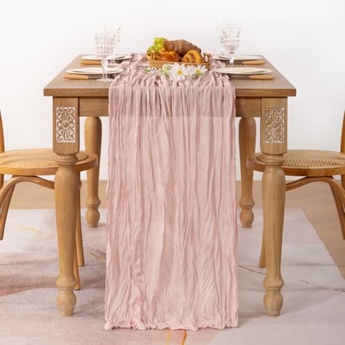 MLMC Pink Table Runner Boho Cheesecloth Table Runner 10ft Rustic Dusty Pink Gauze Cheese Cloth Centerpiece Decor 35x120 Inches for Wedding Bridal Baby Shower Birthday Party Decor - Image 2