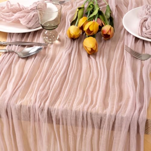 MLMC Pink Table Runner Boho Cheesecloth Table Runner 10ft Rustic Dusty Pink Gauze Cheese Cloth Centerpiece Decor 35x120 Inches for Wedding Bridal Baby Shower Birthday Party Decor - Image 3