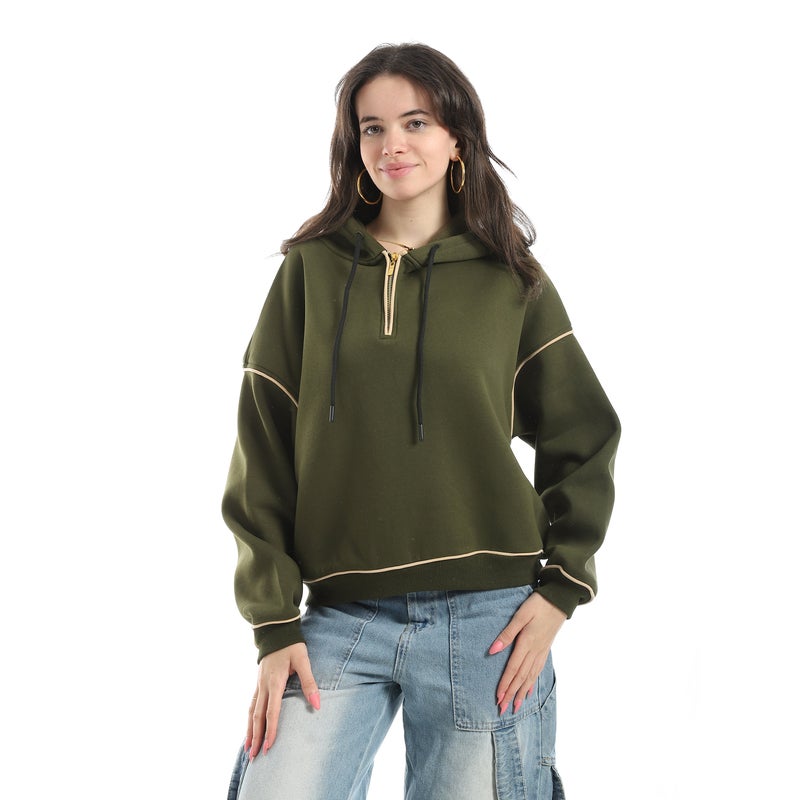 Andora Half Zipper Closure With Hooded Collar Hoodie-Beige&Olive - Image 1