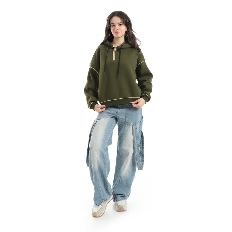 Andora Half Zipper Closure With Hooded Collar Hoodie-Beige&Olive - Image 5