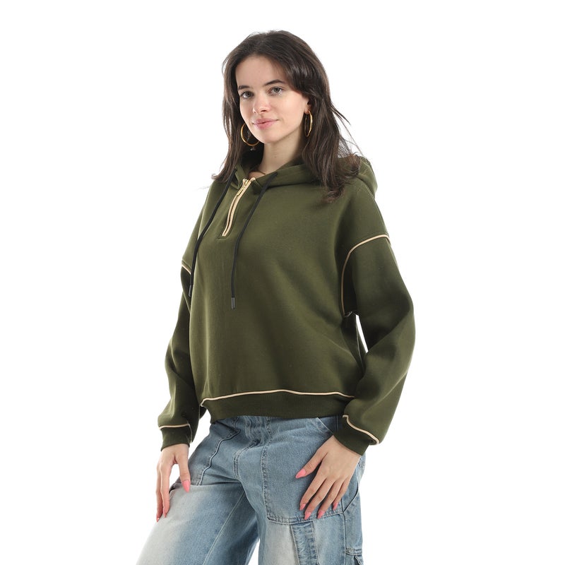 Andora Half Zipper Closure With Hooded Collar Hoodie-Beige&Olive - Image 2