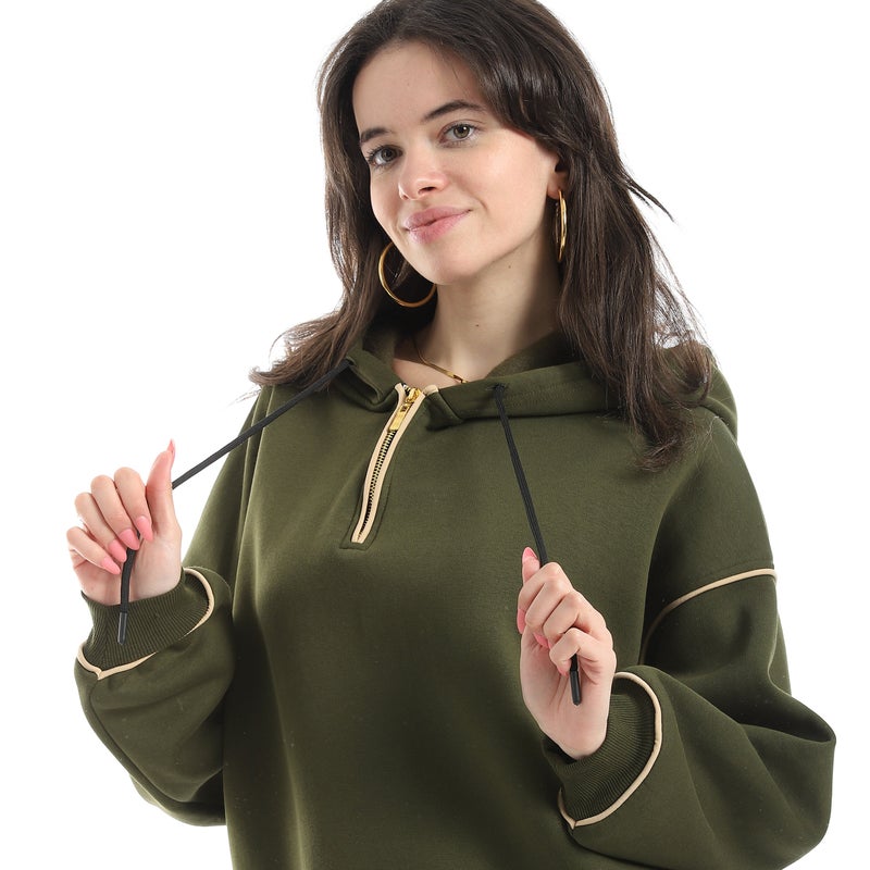 Andora Half Zipper Closure With Hooded Collar Hoodie-Beige&Olive - Image 4