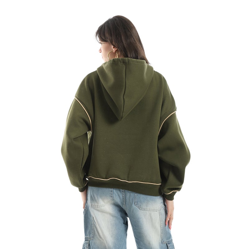 Andora Half Zipper Closure With Hooded Collar Hoodie-Beige&Olive - Image 3