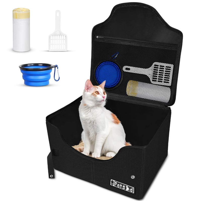 Petskd High Sides Portable Travel Litter Box for Cats with Lid and 10 pcs Liner Bags Light Weight and LeakProof for Road Trips Hotel Stays Car TravelBlack - Image 2