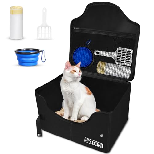 Petskd High Sides Portable Travel Litter Box for Cats with Lid and 10 pcs Liner Bags Light Weight and LeakProof for Road Trips Hotel Stays Car TravelBlack - Image 1