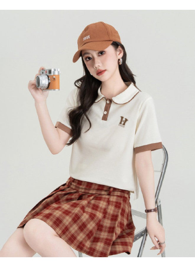 Hstyle تي شيرت بولو نسائي بأكمام قصيرة تصميم صيفي بأسلوب بريبي بنطلون كارجو تصميم دفعة صغيرة مستوحى من الكورية مظهر شبابي - Image 1