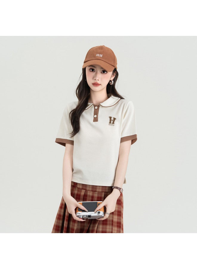 Hstyle تي شيرت بولو نسائي بأكمام قصيرة تصميم صيفي بأسلوب بريبي بنطلون كارجو تصميم دفعة صغيرة مستوحى من الكورية مظهر شبابي - Image 3