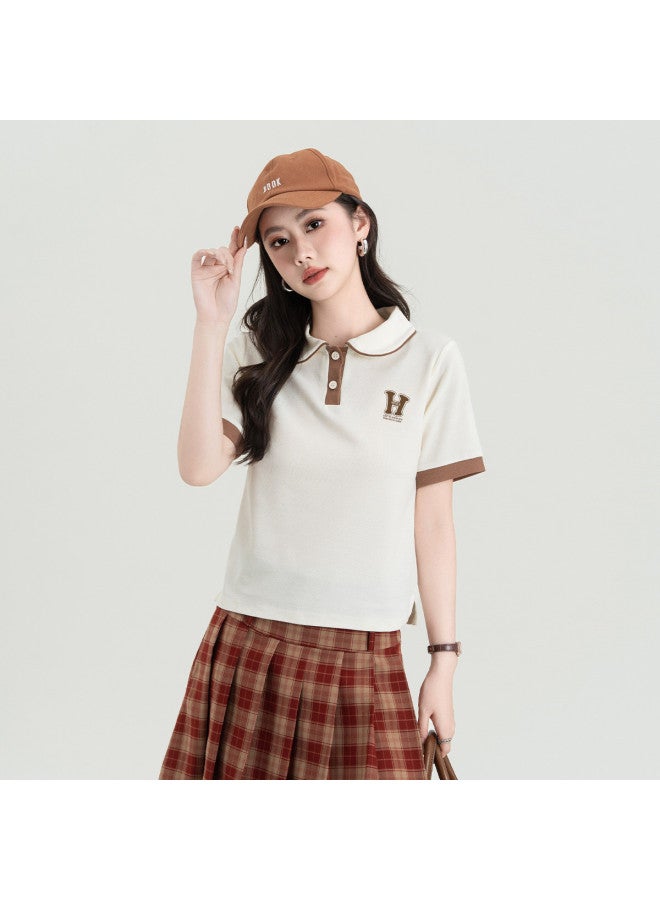 Hstyle تي شيرت بولو نسائي بأكمام قصيرة تصميم صيفي بأسلوب بريبي بنطلون كارجو تصميم دفعة صغيرة مستوحى من الكورية مظهر شبابي - Image 4