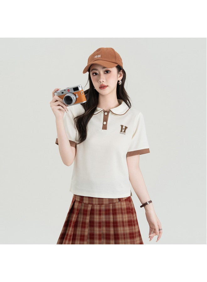 Hstyle تي شيرت بولو نسائي بأكمام قصيرة تصميم صيفي بأسلوب بريبي بنطلون كارجو تصميم دفعة صغيرة مستوحى من الكورية مظهر شبابي - Image 5