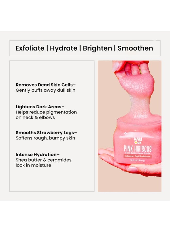 WILD OAK WildOak Pink Hibiscus Sugar Body Scrub | 300g | Kojic Acid, Hyaluronic Acid, Ceramides, Collagen & Peptides | De-Tan & Brightens Dark Areas | Smooths Strawberry Legs & Arms | Hydrates & Exfoliates - Image 2