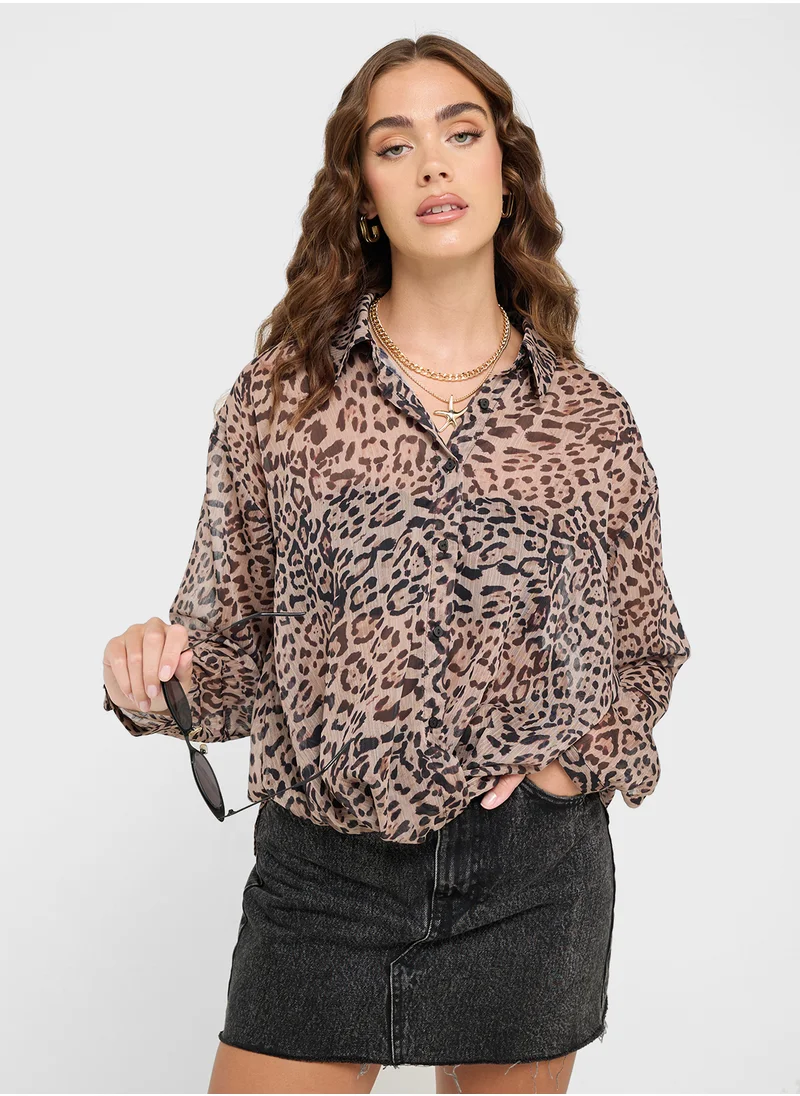 جينجر Leopard Print Shirt With Knotted Hem