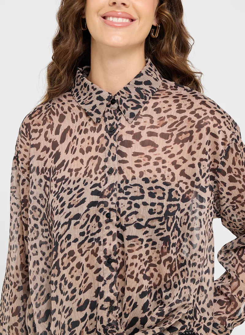 Ginger Leopard Print Shirt With Knotted Hem