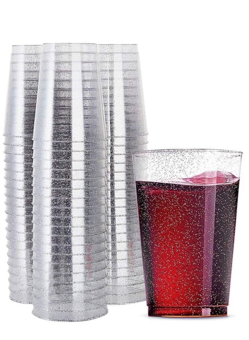 Excefore Plastic Cups, 25 Count 10 oz Silver Glitter Clear Plastic Cups Tumblers, Hard Plastic Disposable Cups For Wedding Glasses Plastic Party Cups, Clear Plastic Cups Tumblers, Wedding, Party Cups - Image 1