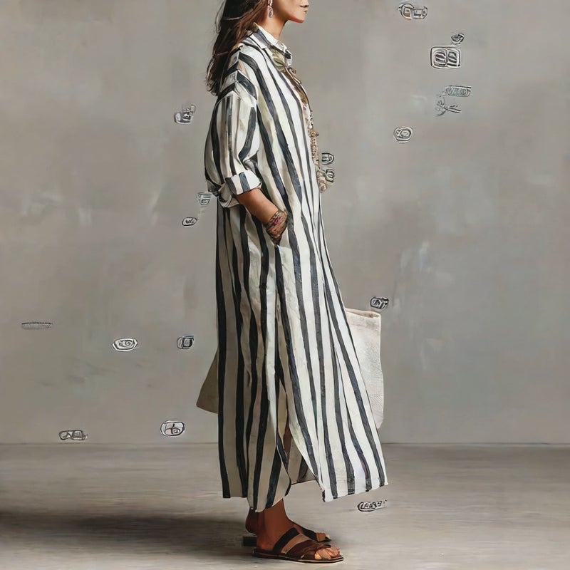 فستان قطني كاجوال بياقة مطوية ومخططة بعرض عريض - Image 4