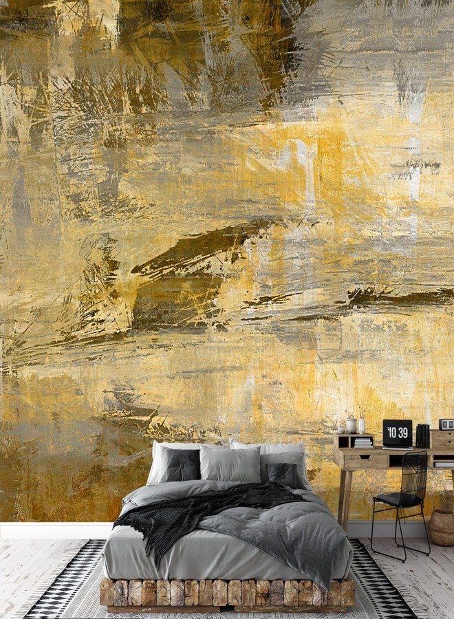 وول26 wall26 - لوحة جدارية فنية تجريدية بألوان البيج والأصفر والرمادي والبني - جدارية قابلة للإزالة | ورق جدران كبير ذاتي اللصق - 66 × 96 بوصة - Image 1