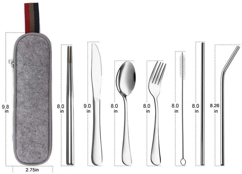 KITOME Portable Utensils, Travel Camping Cutlery Set, 8-Piece Including Knife Fork Spoon Chopsticks Cleaning Brush Straws Portable Case, Stainless Steel Flatware Set (Silver) - Image 2
