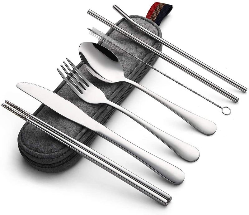 KITOME Portable Utensils, Travel Camping Cutlery Set, 8-Piece Including Knife Fork Spoon Chopsticks Cleaning Brush Straws Portable Case, Stainless Steel Flatware Set (Silver) - Image 1