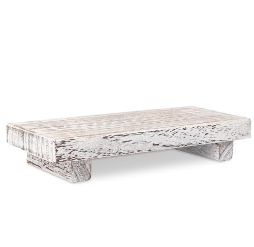 zoocatia Small Wood Tray Pedestal Stand Farmhouse Bathroom Decor Decorative Wooden Riser Kitchen Soap Dish Holder for Vanity, Counter, Sink, Retro White - Image 4