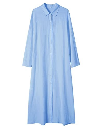 Ladyful Women's Button Down Cotton Linen Shirt Dress Long Sleeve Maxi Shirtdress Beach Summer Dress Pockets Light Blue - Image 4