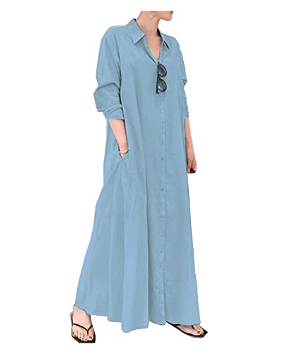Ladyful Women's Button Down Cotton Linen Shirt Dress Long Sleeve Maxi Shirtdress Beach Summer Dress Pockets Light Blue - Image 1