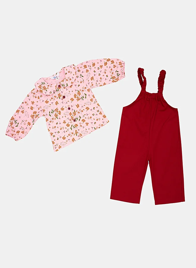 babyqlo Floral Pink Top With Red Dungaree Set