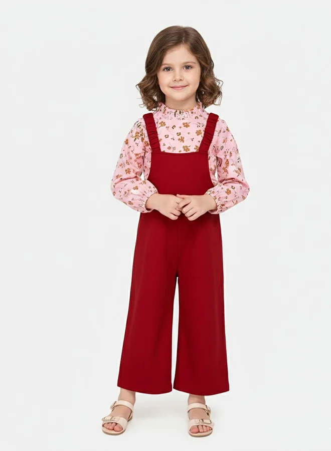 babyqlo Floral Pink Top With Red Dungaree Set