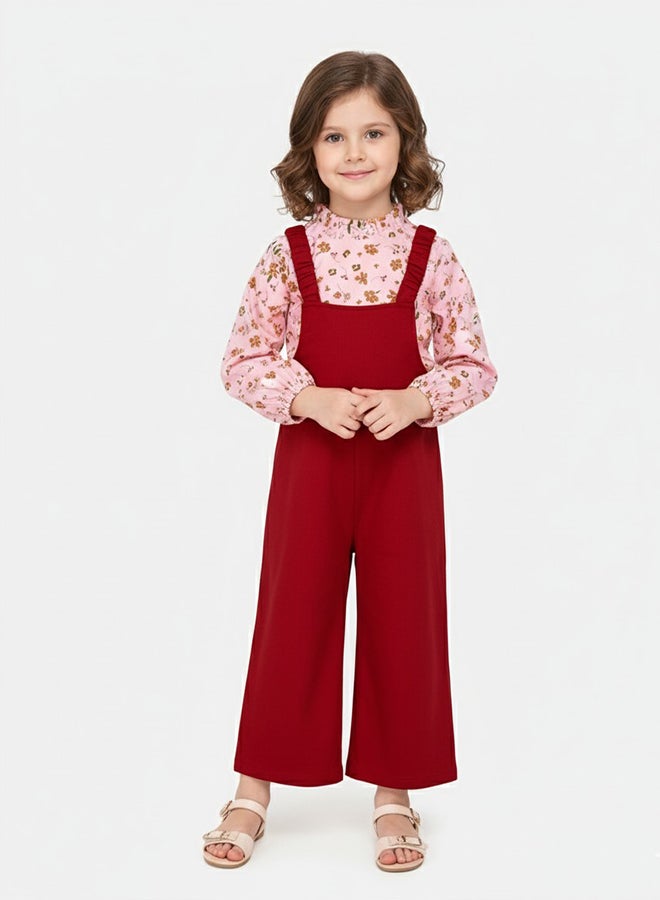 babyqlo Floral Pink Top With Red Dungaree Set - Image 1