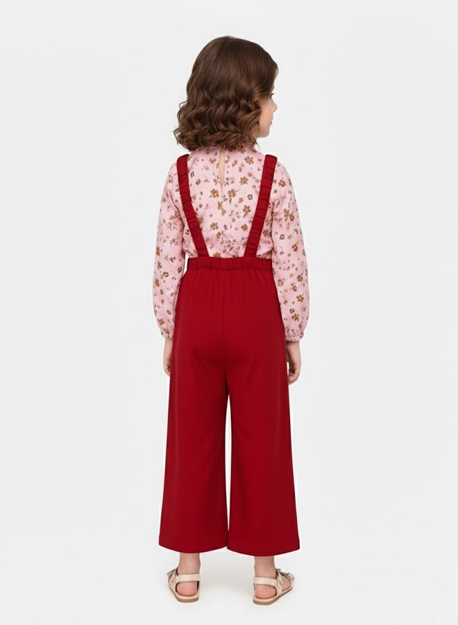 babyqlo Floral Pink Top With Red Dungaree Set - Image 2