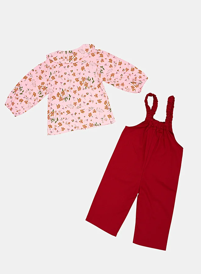 babyqlo Floral Pink Top With Red Dungaree Set