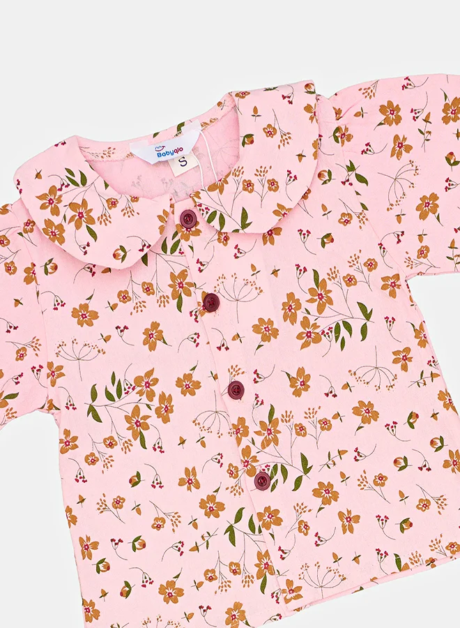 babyqlo Floral Pink Top With Red Dungaree Set