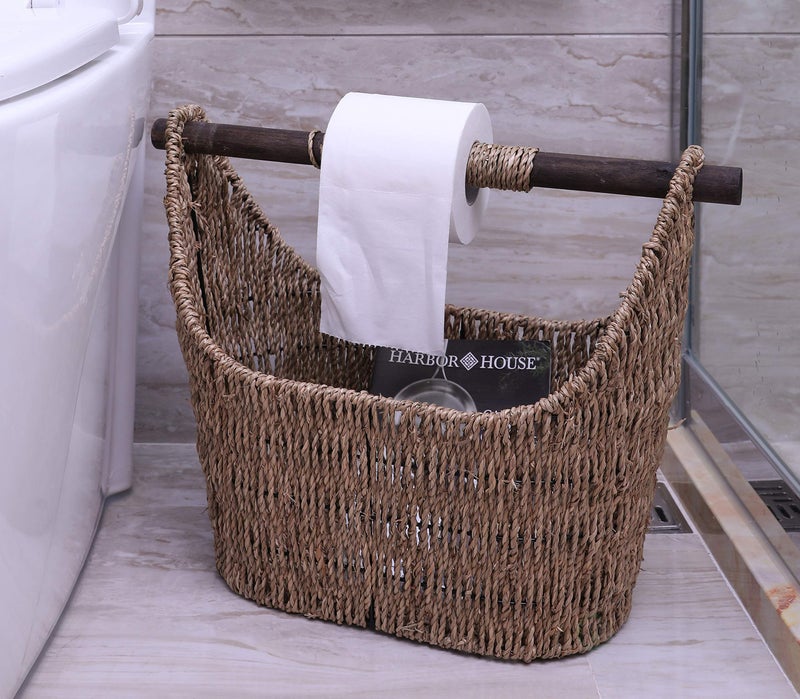 Vintiquewise Free Standing Magazine and Toilet Paper Holder Basket with Wooden Rod - Image 2