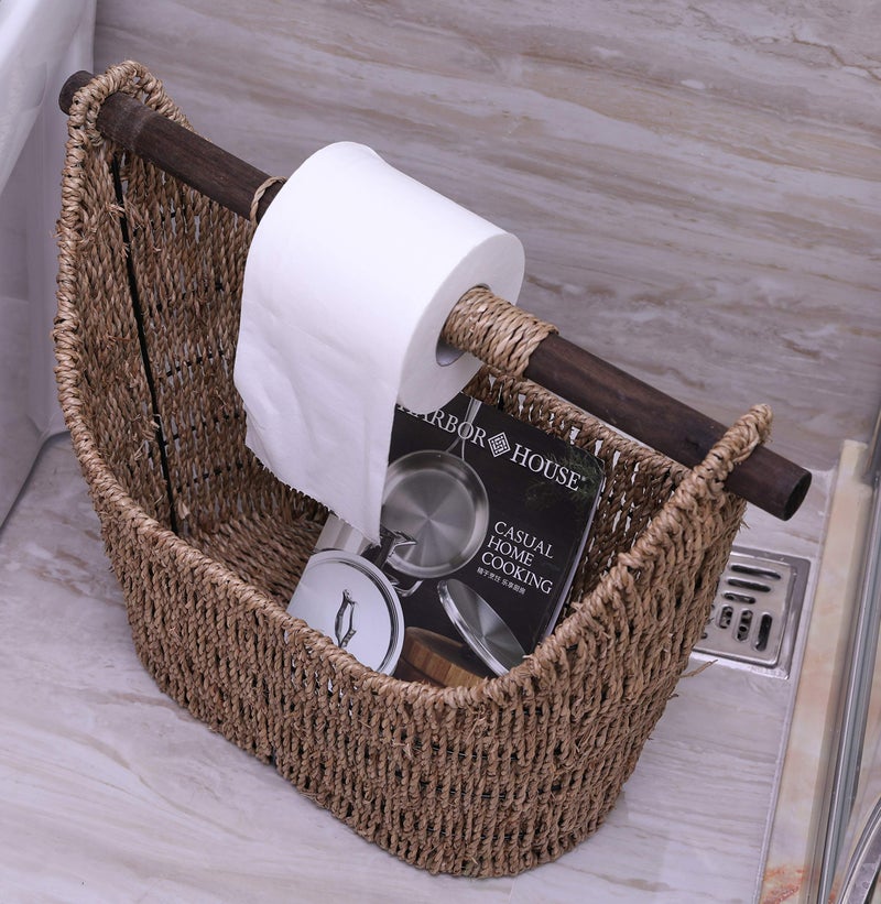 Vintiquewise Free Standing Magazine and Toilet Paper Holder Basket with Wooden Rod - Image 4