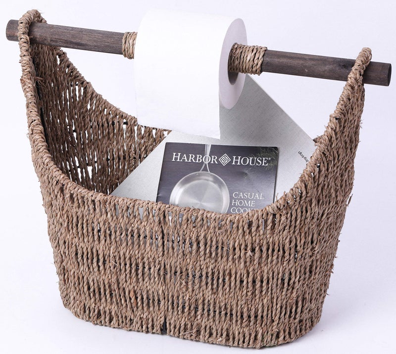 Vintiquewise Free Standing Magazine and Toilet Paper Holder Basket with Wooden Rod - Image 1