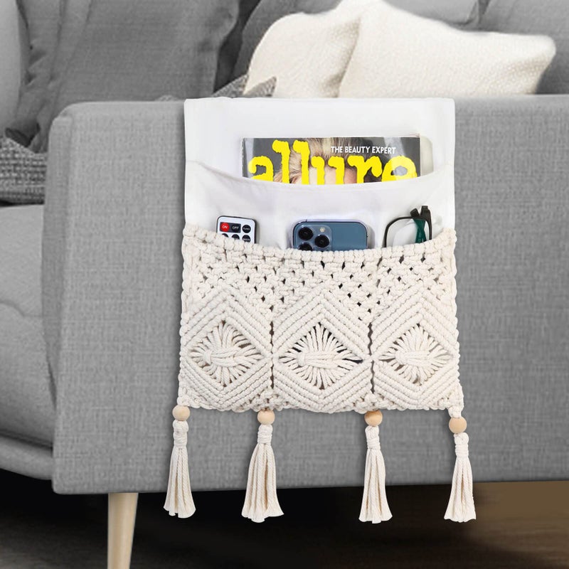 iMontato Macrame Armrest Organizer, Remote Control Holder, Bedside Storage Organizer with 4 Pockets, Sofa Couch Armchair Caddy for Remotes, Cellphone, Magazine, iPad, Boho Room Decor, Ivory RH0201 - Image 1