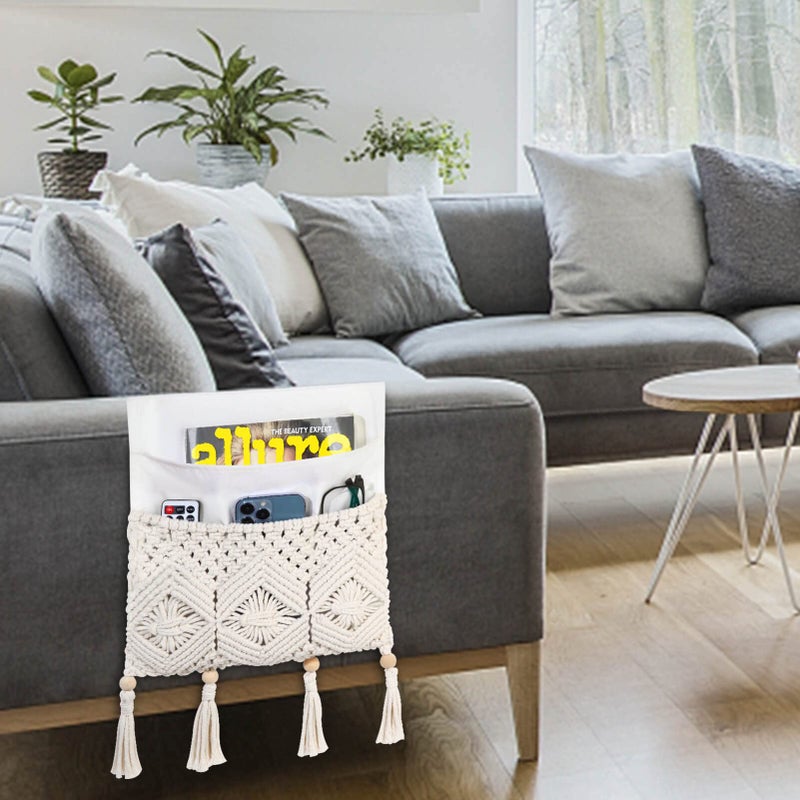 iMontato Macrame Armrest Organizer, Remote Control Holder, Bedside Storage Organizer with 4 Pockets, Sofa Couch Armchair Caddy for Remotes, Cellphone, Magazine, iPad, Boho Room Decor, Ivory RH0201 - Image 2
