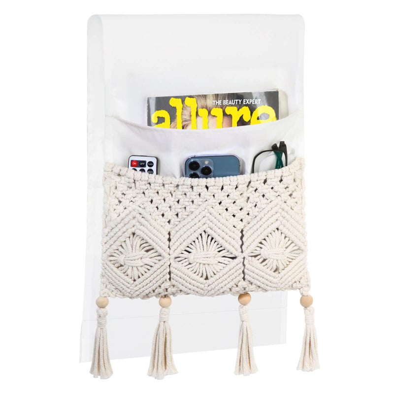 iMontato Macrame Armrest Organizer, Remote Control Holder, Bedside Storage Organizer with 4 Pockets, Sofa Couch Armchair Caddy for Remotes, Cellphone, Magazine, iPad, Boho Room Decor, Ivory RH0201 - Image 5