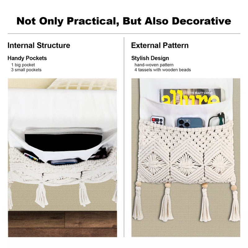 iMontato Macrame Armrest Organizer, Remote Control Holder, Bedside Storage Organizer with 4 Pockets, Sofa Couch Armchair Caddy for Remotes, Cellphone, Magazine, iPad, Boho Room Decor, Ivory RH0201 - Image 4