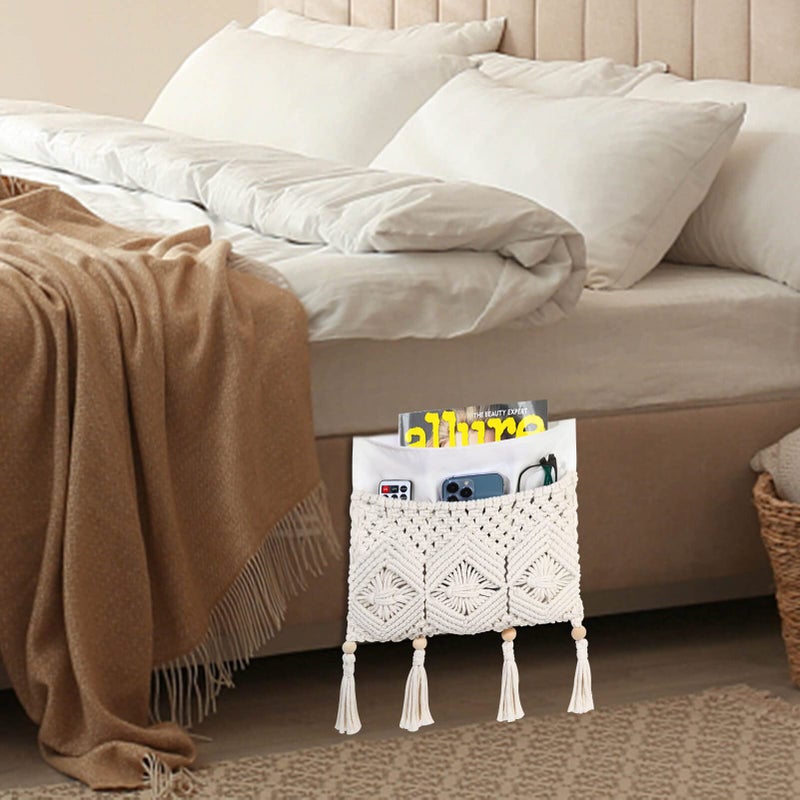 iMontato Macrame Armrest Organizer, Remote Control Holder, Bedside Storage Organizer with 4 Pockets, Sofa Couch Armchair Caddy for Remotes, Cellphone, Magazine, iPad, Boho Room Decor, Ivory RH0201 - Image 3