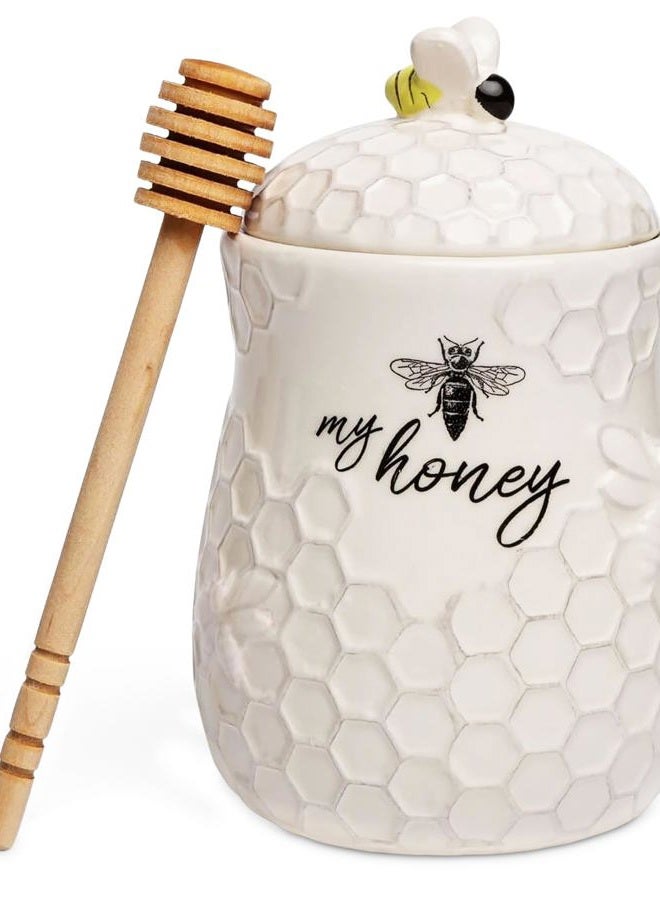 Young's Inc . Ceramic Honey Jar with Wooden Honey Dipper - Farmhouse Kitchen Decor - Tea Accessories - Image 1