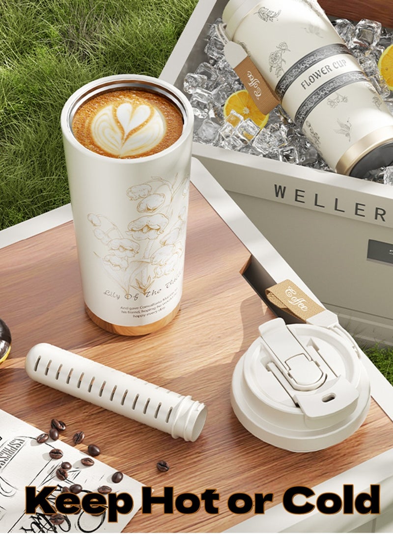 CoolRabbie Travel Coffee Mug,Large Capacity Tumbler with Lid and Straw Stainless steel Coffee Thermo,Double Wall Vacuum Insulated Travel Coffee Mug (White(Lily of the valley) - Image 2