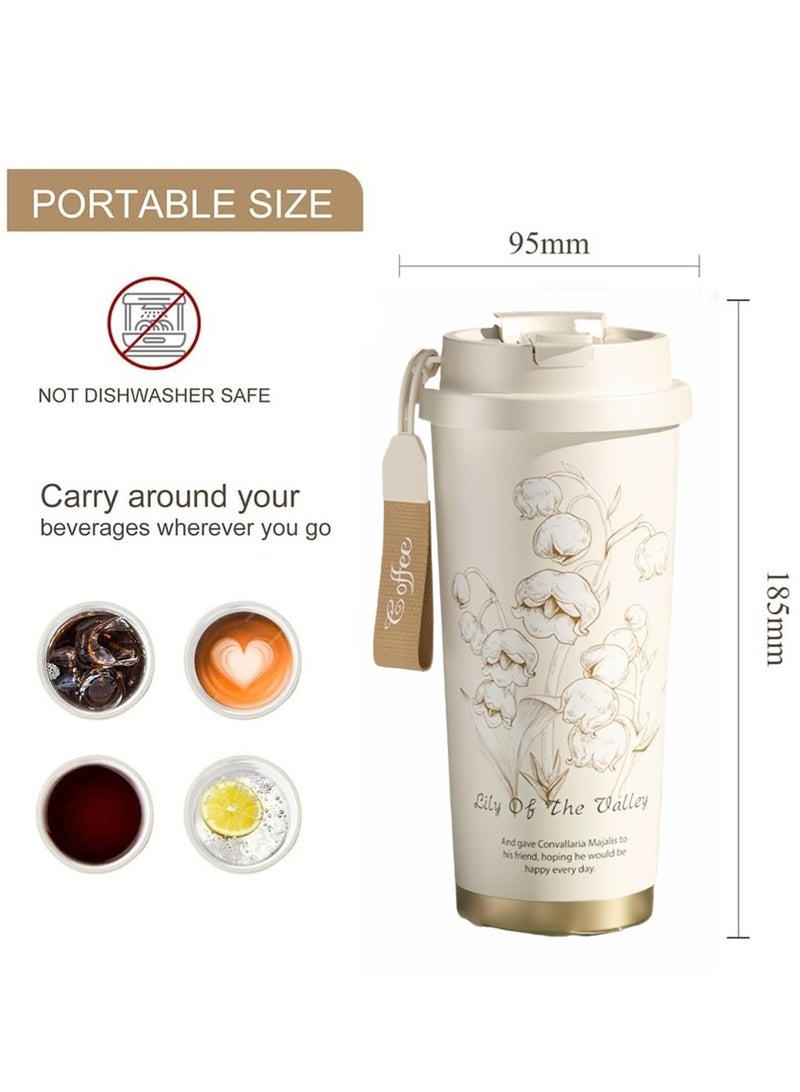 CoolRabbie Travel Coffee Mug,Large Capacity Tumbler with Lid and Straw Stainless steel Coffee Thermo,Double Wall Vacuum Insulated Travel Coffee Mug (White(Lily of the valley) - Image 3